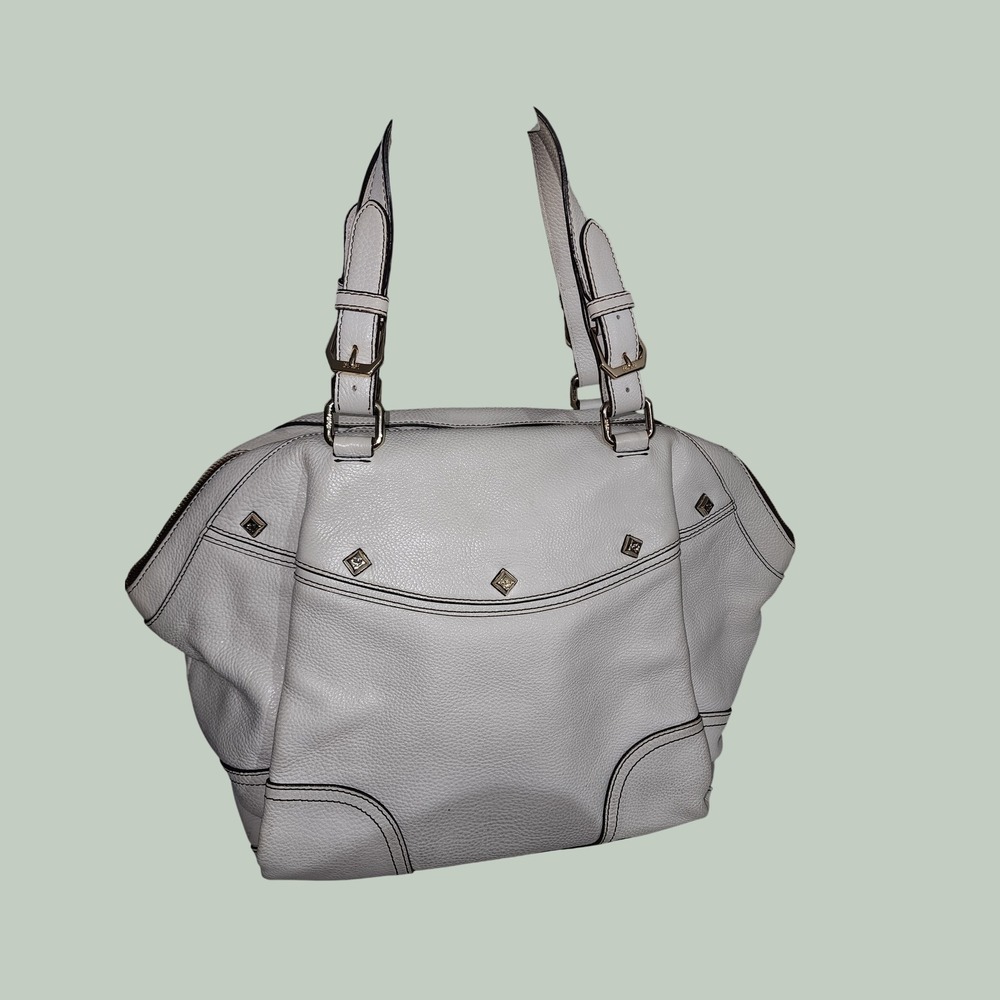 MCM White Pebbled Leather Satchel Bag Gold Hardware Contrast Stitch Logo Lining - Picture 2 of 7